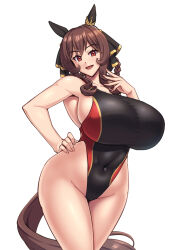 Rule 34 | 1girl, alternate costume, animal ears, bare shoulders, black one-piece swimsuit, braided hair rings, breasts, brown hair, commentary request, covered navel, cowboy shot, ear covers, ear ornament, gentildonna (umamusume), hand on own hip, highleg, highleg swimsuit, horse ears, horse girl, horse tail, kawanuma uotsuri, large breasts, one-piece swimsuit, open mouth, red eyes, simple background, smile, solo, swimsuit, tail, umamusume, white background