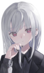 Rule 34 | 1girl, black jacket, black shirt, closed mouth, collared shirt, commentary request, dress shirt, ear piercing, earrings, grey hair, hair between eyes, highres, jacket, jewelry, long hair, looking at viewer, ogami ren, original, piercing, red eyes, shirt, simple background, solo, upper body, white background
