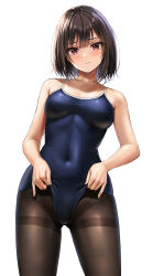 Rule 34 | 1girl, absurdres, blue one-piece swimsuit, breasts, clothes pull, collarbone, competition school swimsuit, covered navel, cowboy shot, highres, looking at viewer, medium breasts, one-piece swimsuit, one-piece swimsuit pull, original, pantyhose, pantyhose under swimsuit, red eyes, school swimsuit, short hair, simple background, solo, standing, swimsuit, thighband pantyhose, white background, yukemuriganmo