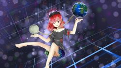 Rule 34 | 1girl, absurdres, blue dress, dress, earth (planet), gradient background, green dress, hecatia lapislazuli, highres, legacy of lunatic kingdom, moon, planet, punk, red dress, red eyes, red hair, shirt, skirt, solo, space, touhou