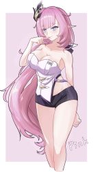 Rule 34 | 1girl, absurdres, black shorts, border, breasts, cleavage, closed mouth, elf, elysia (honkai impact), elysia (miss pink elf) (honkai impact), hair ornament, highres, honkai (series), honkai impact 3rd, large breasts, long hair, looking at viewer, pink background, pink hair, pointy ears, ponja chan, ponytail, purple eyes, shirt, shorts, smile, solo, strapless, strapless shirt, white border, white shirt