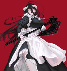 1girl absurdres albedo_(overlord) axe battle_axe black_dress demon_girl demon_horns dress giant_carrot highres holding holding_axe holding_weapon horns long_hair looking_at_viewer maid overlord_(maruyama) solo thighhighs very_long_hair weapon white_thighhighs yellow_eyes