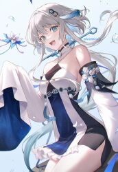 Rule 34 | 1girl, 723/nanahumi, :d, aqua eyes, bare shoulders, breasts, cowboy shot, detached sleeves, dress, genshin impact, grey hair, guizhong (genshin impact), highres, light blue background, long sleeves, looking at viewer, medium breasts, open mouth, short dress, simple background, sleeves past fingers, sleeves past wrists, smile, solo, thighs, tight clothes, tight dress