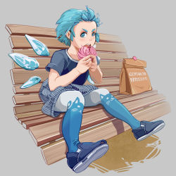 Rule 34 | 1girl, :3, absurdres, acrylic paint (medium), alternate costume, animal print, bag, bangs pinned back, bench, blue eyes, blue footwear, blue hair, blue pantyhose, blush, cat print, cirno, contemporary, eating, food, forehead, grey background, hair up, hands up, highres, holding, holding food, ice, ice wings, looking at viewer, looking to the side, on bench, open mouth, painting (medium), pantyhose, paper bag, pastry, shirt, shopping bag, short hair, short sleeves, sideways glance, simple background, sitting, solo, t-shirt, teeth, torn shoes, touhou, traditional media, two-tone legwear, u-joe, upper teeth only, white pantyhose, wings