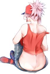 Rule 34 | 1girl, absurdres, ass, back, bare shoulders, baseball cap, breasts, butt crack, denim, dimples of venus, earrings, fate/grand order, fate (series), hat, highres, jeans, jewelry, large breasts, len (hand linke), long hair, miyamoto musashi (fate), miyamoto musashi (traveling outfit) (fate), pants, pink hair, ponytail, red hat, red tank top, sitting, solo, tank top