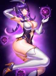 Rule 34 | 1girl, alternate costume, alternate hair color, alternate hairstyle, boots, breasts, cleavage, curvy, elbow gloves, eyepatch, forehead protector, gloves, high heel boots, high heels, highres, huge breasts, large breasts, league of legends, long hair, magical girl, purple eyes, purple hair, solo, star (symbol), star guardian (league of legends), star guardian syndra, syndra, thigh boots, thighhighs, thighs, underwear