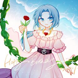 Rule 34 | 1girl, black corset, blue eyes, blue hair, breasts, chinese commentary, cleavage, commentary request, corset, cowboy shot, dated, dress, earrings, english text, enomoto noa, flower, frilled sleeves, frills, happy birthday, heart, heart necklace, highres, holding, holding flower, jewelry, looking at viewer, low ponytail, low side ponytail, necklace, open mouth, parted bangs, pink dress, puffy short sleeves, puffy sleeves, red flower, red rose, rose, saibou shinkyoku, short sleeves, smile, solo, star (symbol), star earrings, wujixian