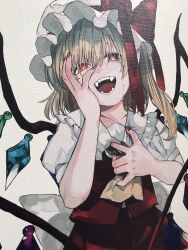 Rule 34 | 1girl, ascot, blonde hair, bow, collared shirt, cowboy shot, crying, crying with eyes open, crystal, fangs, flandre scarlet, frilled shirt collar, frills, hair between eyes, hand on own face, hands on own chest, hat, hat bow, hat ribbon, highres, medium hair, mob cap, multicolored wings, nail polish, niseneko (mofumofu ga ienai), one side up, open mouth, puffy short sleeves, puffy sleeves, red bow, red eyes, red nails, red ribbon, red skirt, red vest, ribbon, shirt, short sleeves, simple background, skirt, skirt set, solo, tears, teeth, touhou, vest, white background, white hat, white shirt, wings, yellow ascot