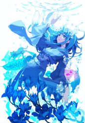 Rule 34 | 1girl, arowana, blue bow, blue eyes, blue hair, blue kimono, bow, bubble, cat, fish, floral print, flower, japanese clothes, kimono, long hair, long sleeves, looking at viewer, magnolia, obi, open mouth, original, oswald musashi, sash, snorkel, solo, underwater, wide sleeves