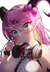 Rule 34 | 1girl, absurdres, asymmetrical horns, blonde hair, blush, bow, breasts, chest harness, colored inner hair, curled horns, demon horns, fang, finger to cheek, green eyes, hair between eyes, hair bow, hair ornament, harness, headphones, headphones around neck, highres, hololive, horn bow, horn ornament, horns, keureu (tiqkdtiqkd10), long hair, looking at viewer, mano aloe, multicolored hair, nail polish, pink hair, pointy ears, scrunchie, shirt, skull collar, sleeveless, sleeveless shirt, smile, solo, two-tone hair, uneven horns, virtual youtuber, wrist scrunchie
