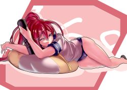 Rule 34 | 10s, 1girl, blush, ere (2516325), hair ribbon, i-168 (kancolle), innertube, kantai collection, long hair, one-piece swimsuit, personification, ponytail, red eyes, red hair, ribbon, school swimsuit, school uniform, serafuku, solo, swim ring, swimsuit, swimsuit under clothes, torpedo