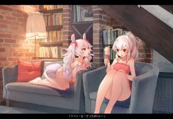 Rule 34 | 2girls, :o, armchair, ayanami (azur lane), azur lane, bare arms, bare legs, bare shoulders, barefoot, book, bookshelf, brick wall, camisole, chair, commentary request, couch, feet out of frame, floor lamp, food, food in mouth, hair between eyes, hair ornament, hairclip, hand on own knee, high ponytail, holding, holding food, ice cream, ice cream cone, indoors, karinto yamada, kneeling, laffey (azur lane), lamp, letterboxed, long hair, looking at another, mouth hold, multiple girls, parted lips, pillow, pink camisole, pink shorts, ponytail, popsicle, red eyes, short shorts, shorts, sidelocks, silver hair, sitting, strap slip, translation request, triple scoop, twintails, very long hair