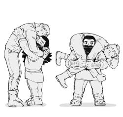 Rule 34 | 2boys, ^ ^, beard, beard over mouth, blush, blush stickers, carrying, chin rest, closed eyes, constricted pupils, couple, dungeon meshi, dwarf, facial hair, fireman&#039;s carry, from side, full body, greyscale, hand hair, head on head, head rest, height difference, highres, hug, interspecies, laios touden, leaning forward, long beard, male focus, monochrome, multiple boys, multiple views, mustache, mutual hug, no headwear, nose blush, profile, quietgom, senshi (dungeon meshi), shoes, sideways glance, sleeveless, slippers, sparse arm hair, sweatdrop, thick mustache, u u, very long beard, white background, yaoi