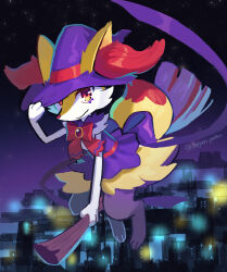 Rule 34 | absurdres, artist name, bow, bowtie, braixen, broom, broom riding, city, city lights, closed mouth, clothed pokemon, commentary, creatures (company), floating, game freak, gen 6 pokemon, gradient sky, hat, highres, night, night sky, nintendo, orange eyes, pokemon, pokemon (creature), purple sky, red bow, red bowtie, seojoon public, sky, snout, star (sky), symbol-only commentary, tail, twitter username, witch hat, yellow fur