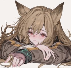 Rule 34 | 1girl, animal ears, aogisa, arknights, arm rest, blush, brown hair, brown jacket, ceobe (arknights), closed mouth, commentary, dog ears, dog girl, eyelashes, grey background, hair between eyes, head rest, highres, infection monitor (arknights), jacket, long hair, looking at viewer, portrait, red eyes, simple background, smile, solo, symbol-only commentary