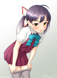 Rule 34 | 1girl, ahoge, alternate sleeve length, aqua bow, aqua bowtie, asymmetrical bangs, black hair, bow, bowtie, clothes pull, collared shirt, cut bangs, dress, dress shirt, feet out of frame, fujinami (kancolle), gradient background, gradient hair, grey background, grey pantyhose, hair ribbon, kantai collection, leaning forward, looking at viewer, multicolored hair, one-hour drawing challenge, pantyhose, pantyhose pull, ponytail, purple dress, ray.s, ribbon, shirt, short sleeves, solo, undressing, white background, white ribbon, white shirt