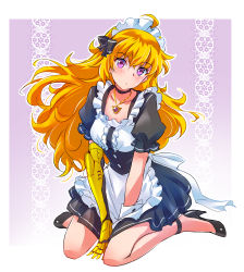 Rule 34 | 1girl, absurdres, ahoge, alternate costume, apron, black dress, blonde hair, breasts, dress, enmaided, frilled apron, frills, high heels, highres, iesupa, jewelry, large breasts, long hair, maid, maid apron, maid headdress, pendant, puffy short sleeves, puffy sleeves, purple eyes, rwby, short sleeves, solo, waist apron, wavy hair, white apron, wrist cuffs, yang xiao long