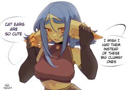Rule 34 | 1girl, absurdres, artist name, bare shoulders, blue hair, brown gloves, colored skin, covered collarbone, crop top, d:, earrings, english text, fingerless gloves, gloves, goblin, green skin, hair between eyes, hands up, heart, highres, jewelry, long hair, maewix (artist), open mouth, orange eyes, original, solo, speech bubble, white background