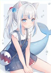 Rule 34 | 1girl, :3, absurdres, animal ears, arms between legs, bag, blue eyes, blue hair, blue skirt, buttons, cat ears, closed mouth, cowboy shot, cube hair ornament, fins, fish tail, frilled sleeves, frills, gawr gura, gawr gura (casual), hair ornament, handbag, highres, hololive, hololive english, long hair, looking at viewer, miniskirt, multicolored hair, shano hiyori, shark girl, shark tail, shirt, short sleeves, side ponytail, sidelocks, silver hair, simple background, sitting, skirt, skirt set, smile, solo, streaked hair, suspenders, tail, virtual youtuber, water drop, white background, white shirt