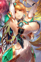 Rule 34 | 1girl, armpits, arms up, blonde hair, breasts, brown eyes, cleavage, earrings, elbow gloves, gloves, highres, jewelry, large breasts, long hair, looking at viewer, mythra (xenoblade), nintendo, signo aaa, solo, solo focus, very long hair, xenoblade chronicles (series), xenoblade chronicles 2, xenoblade chronicles (series), xenoblade chronicles 2