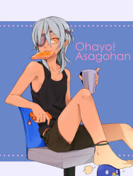 Rule 34 | 1boy, androgynous, anklet, bad id, bad pixiv id, barefoot, bird, bread slice, cellphone, cup, ediblepanda, eyepatch, food, food in mouth, grey hair, inazuma eleven, inazuma eleven (series), jewelry, male focus, mouth hold, orange eyes, penguin, phone, sakuma jirou, shorts, sitting, solo, toast, toast in mouth
