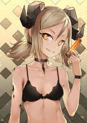 Rule 34 | 1girl, arknights, bare arms, bare shoulders, black bra, black choker, blvefo9, bra, breasts, choker, collarbone, commentary, grey hair, grin, hair between eyes, hand up, head tilt, highres, holding, horns, ifrit (arknights), looking at viewer, material growth, nail polish, orange eyes, orange nails, oripathy lesion (arknights), revision, short hair, sidelocks, small breasts, smile, solo, stomach, underwear, upper body, wristband