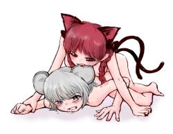 Rule 34 | 2girls, all fours, animal ears, attack, barefoot, bite mark, bite marks, biting, blood, blush, braid, cat, cat ears, cat tail, dokuromaru, ear biting, feet, female focus, fighting, grey hair, injury, kaenbyou rin, lying, mouse (animal), mouse ears, multiple girls, multiple tails, nazrin, nude, on stomach, pink eyes, pink hair, rape, saliva, sexually suggestive, simple background, tail, toes, touhou, vore, white background, yuri