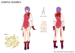 Rule 34 | 1girl, artist request, asamiya athena, bare shoulders, boots, character sheet, china dress, chinese clothes, detached sleeves, dress, fingerless gloves, gloves, gold trim, hair ornament, high heels, highres, multiple views, official art, purple eyes, purple hair, red dress, red gloves, short hair, shorts, snk, the king of fighters, the king of fighters xv, white background