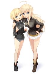 Rule 34 | 2girls, ahoge, arm around neck, bad id, bad twitter id, bare legs, blonde hair, blue eyes, bob cut, boots, erica hartmann, full body, grey panties, hand on own hip, hanna-justina marseille, kodamari, long hair, long sleeves, looking away, miniskirt, multiple girls, no socks, open mouth, panties, pleated skirt, short hair, simple background, skirt, smile, socks, strike witches, underwear, v, white background, white skirt, witches of africa, world witches series