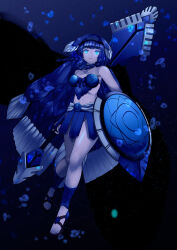 Rule 34 | 1girl, absurdres, air bubble, bare legs, bare shoulders, blue eyes, blue hair, braid, bubble, coelacanth (kemono friends), collarbone, dark blue hair, fins, fish girl, fish tail, freediving, full body, glowing, glowing eyes, hairband, head fins, headband, highres, holding, holding polearm, holding shield, holding weapon, kawanami eito, kemono friends, kemono friends 3, long hair, looking at viewer, midriff, parted lips, polearm, sandals, shield, side braid, skirt, solo, stomach, strapless, submerged, tail, toes, twin braids, underwater, very long hair, weapon