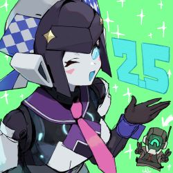 Rule 34 | 1boy, 1girl, absurdres, android, arrow (symbol), black hair, blue eyes, blue sclera, blue tongue, bright pupils, brown coat, brown gloves, character request, coat, colored sclera, colored skin, colored tongue, double v, gloves, green background, grey skin, highres, looking at viewer, monitor, necktie, one eye closed, open mouth, pink necktie, red necktie, robot, simple background, sketch, smile, sparkle, spread legs, takaha4 mei, tongue, upper body, v, white pupils, world flipper