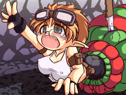 Rule 34 | 1girl, ass, blush, breasts, brown hair, covered erect nipples, female focus, glasses, gloves, knife, lying, mojap, open mouth, solo, tears, vore, worm