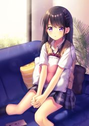 Rule 34 | 1girl, absurdres, bad id, bad pixiv id, black socks, blurry, blurry background, blush, bow, bowtie, braid, brown hair, cellphone, collared shirt, commentary request, couch, day, depth of field, feet out of frame, fingernails, flower, grey skirt, hair between eyes, hair flower, hair ornament, hairclip, heart, highres, ichiren namiro, indoors, kneehighs, long hair, looking at viewer, on couch, original, own hands clasped, own hands together, parted lips, phone, pillow, pink flower, plaid, plaid bow, plaid bowtie, plaid neckwear, plaid skirt, plant, pleated skirt, purple eyes, red bow, red bowtie, school uniform, shirt, short sleeves, sitting, skirt, socks, solo, sunlight, sweater vest, very long hair, white shirt