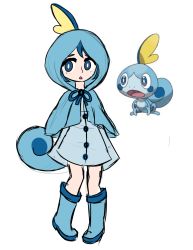 Rule 34 | 1girl, blue eyes, blue footwear, blue hair, blue theme, boots, creature, creature and personification, creatures (company), full body, game freak, gen 8 pokemon, highres, nintendo, personification, pokemon, pokemon (creature), rubber boots, short hair, simple background, sobble, stelledair, white background