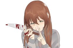 Rule 34 | 1girl, bad id, bad pixiv id, blood, blood on face, brown hair, finger to mouth, girls&#039; frontline, green eyes, hair between eyes, knife, long hair, long sleeves, looking at viewer, pdc, shushing, simple background, smile, solo, springfield (girls&#039; frontline), upper body, white background