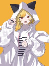 Rule 34 | 1girl, absurdres, animal hands, animal hood, asymmetrical hair, black nails, blonde hair, cat hood, cat paws, cropped torso, earrings, futomoy, highres, hololive, hololive indonesia, hood, hoodie, jewelry, kaela kovalskia, looking at viewer, medium hair, open mouth, parted bangs, red eyes, shirt, sidelocks, swept bangs, virtual youtuber, white hoodie, white shirt, yellow background