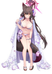 Rule 34 | 1girl, absurdres, animal ear fluff, animal ears, bare arms, bare legs, bare shoulders, bikini, black hair, blue archive, blush, breasts, cleavage, closed mouth, eyeshadow, fox ears, fox tail, full body, hair between eyes, halo, highres, large breasts, long hair, makeup, official alternate costume, purple bikini, red eyeshadow, red halo, sandals, simple background, smile, solo, swimsuit, tail, toes, wakamo (blue archive), wakamo (swimsuit) (blue archive), white background, yellow eyes, yeosi