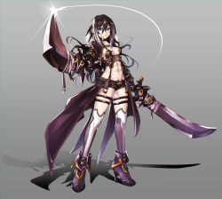 Rule 34 | 1girl, abs, belt, black gloves, black hair, blue eyes, borrowed character, choker, cropped jacket, deluxe&lt;&lt;&lt;, dual wielding, full body, fur trim, gloves, high heels, highres, holding, holding weapon, legs apart, long hair, midriff, multicolored hair, original, purple hair, shorts, solo, standing, suspenders, sword, thigh strap, thighhighs, weapon, white hair, white thighhighs