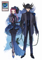 Rule 34 | 1boy, 1girl, absurdres, black dress, black footwear, black gloves, black headwear, black pants, black pantyhose, blonde hair, blue dress, blue eyes, blue flower, blue rose, blue rose dragon, brown eyes, dress, facial mark, flower, fudo yusei, full body, gloves, gradient dress, grey jacket, hair between eyes, hair intakes, hat, hat flower, highres, holding, holding whip, izayoi aki, jacket, long dress, long hair, long sleeves, looking at viewer, multicolored hair, naoki (2rzmcaizerails6), open clothes, open jacket, pants, pantyhose, red hair, rose, short hair with long locks, side slit, sidelocks, sketch, spiked hair, standing, sweater, turtleneck, turtleneck sweater, two-tone hair, underbust, white background, yu-gi-oh!, yu-gi-oh! 5d&#039;s