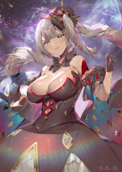 Rule 34 | 1girl, bare shoulders, black dress, black gloves, blush, breasts, cleavage, dress, fate/grand order, fate (series), gloves, large breasts, long hair, looking at viewer, marie antoinette (alter) (fate), marie antoinette (fate), parted lips, silver hair, smile, twintails, very long hair, yellow eyes, yoshimoto (dear life)