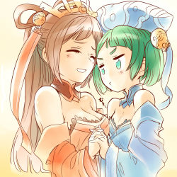 Rule 34 | 2girls, aqua eyes, asymmetrical docking, bare shoulders, blue dress, blush, breast press, breasts, brown hair, cleavage, collarbone, da qiao &amp; xiao qiao, detached collar, detached sleeves, dress, closed eyes, female focus, green hair, grin, hair rings, holding hands, hat, highres, interlocked fingers, ishiyumi, large breasts, long hair, long sleeves, looking at another, multiple girls, orange dress, parted lips, puzzle &amp; dragons, short hair, small breasts, smile, strapless, strapless dress, twintails, upper body, yuri