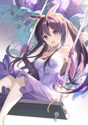 Rule 34 | 1girl, :d, bare shoulders, bison cangshu, black hair, bow, breasts, cleavage, commentary request, date a live, detached collar, dress, elbow gloves, feet out of frame, flower, gloves, gradient dress, hair bow, highres, hydrangea, long hair, looking at viewer, medium breasts, open mouth, ponytail, purple bow, purple dress, purple eyes, purple flower, purple gloves, purple rose, rose, sitting, smile, solo, strapless, strapless dress, swing, very long hair, white dress, yatogami tooka