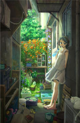 Rule 34 | 1girl, blue eyes, book, bottle, brown hair, cat, com kom, dress, flower, hair ornament, hairclip, holding, indoors, leaning, leaning back, original, plant, potted plant, ramune, sandals, short hair, solo, standing