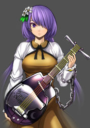 Rule 34 | 1girl, ayakumo, biwa lute, breasts, chain, crescent, dress, expressionless, flower, grey background, hair flower, hair ornament, hair over one eye, holding, instrument, long hair, long sleeves, looking at viewer, lute (instrument), mole, mole under eye, neck ribbon, purple eyes, purple hair, ribbon, simple background, skirt, solo, touhou, tsukumo benben, twintails, upper body