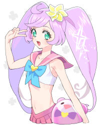 Rule 34 | 1girl, :d, ahoge, ball, bare shoulders, beachball, blue bow, blush, bow, commentary request, cropped legs, flat chest, flower, green eyes, hair flower, hair ornament, hand up, heart, holding, holding ball, kuma (pripara), long hair, looking at viewer, manaka laala, moudoku (decopon3rd), navel, open mouth, pink sailor collar, pink skirt, pleated skirt, pretty series, pripara, purple hair, sailor bikini, sailor collar, skirt, smile, solo, sparkle, swimsuit, twintails, v, very long hair, white background, yellow flower