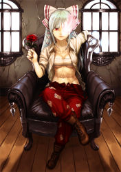 Rule 34 | 1girl, boots, bow, breasts, chair, cross-laced footwear, female focus, flower, fujiwara no mokou, full body, hair bow, indoors, crossed legs, nail polish, ninny-world, open clothes, open shirt, pants, rose, sarashi, shirt, sitting, sleeves rolled up, solo, touhou, window