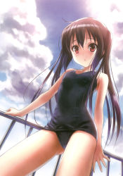 Rule 34 | 1girl, black hair, blush, cloud, day, flat chest, from below, goto p, highres, k-on!, long hair, looking down, nakano azusa, one-piece swimsuit, open mouth, red eyes, scan, school swimsuit, sky, solo, swimsuit, twintails