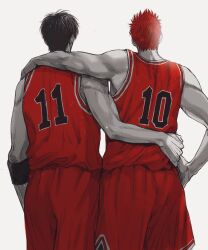Rule 34 | 2boys, absurdres, armband, back, back focus, basketball jersey, basketball uniform, black armband, black hair, cowboy shot, grey background, greyscale, hand on another&#039;s shoulder, hand on another&#039;s waist, hand on own hip, highres, male focus, marukome0816, monochrome, multiple boys, red hair, red shorts, red tank top, rukawa kaede, sakuragi hanamichi, short hair, shorts, simple background, slam dunk (series), sportswear, spot color, tank top, toned, toned male