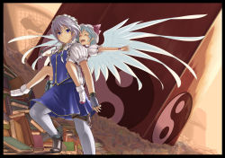 Rule 34 | 2girls, angel wings, blue eyes, braid, carrying, closed eyes, feathered wings, female focus, gustav (telomere na), hat, highres, izayoi sakuya, maid, maid headdress, multiple girls, outstretched arms, pantyhose, piggyback, pointy ears, remilia scarlet, riding, short hair, silver hair, spread arms, touhou, twin braids, wings