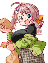 Rule 34 | 1girl, ahoge, artist logo, braided hair rings, breasts, brown hair, chougei (kancolle), dated, dress, green jacket, hair ornament, hair ribbon, hairband, jacket, kantai collection, kutone shirika, large breasts, looking at viewer, masu, orange hairband, ribbon, simple background, smile, sweater, whale hair ornament